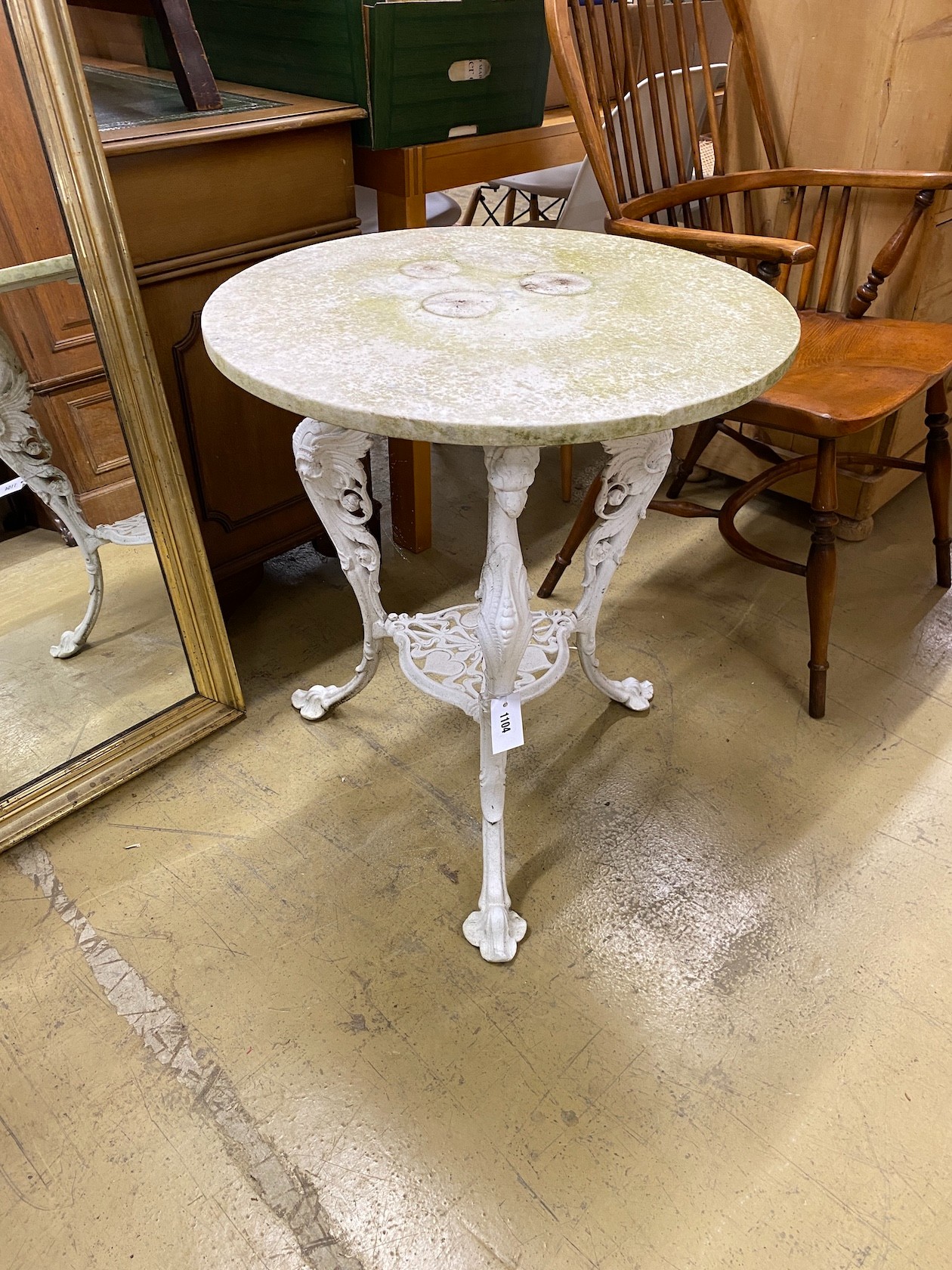 A white painted aluminium circular garden table with circular white marble top, diameter 61cm, height 69cm